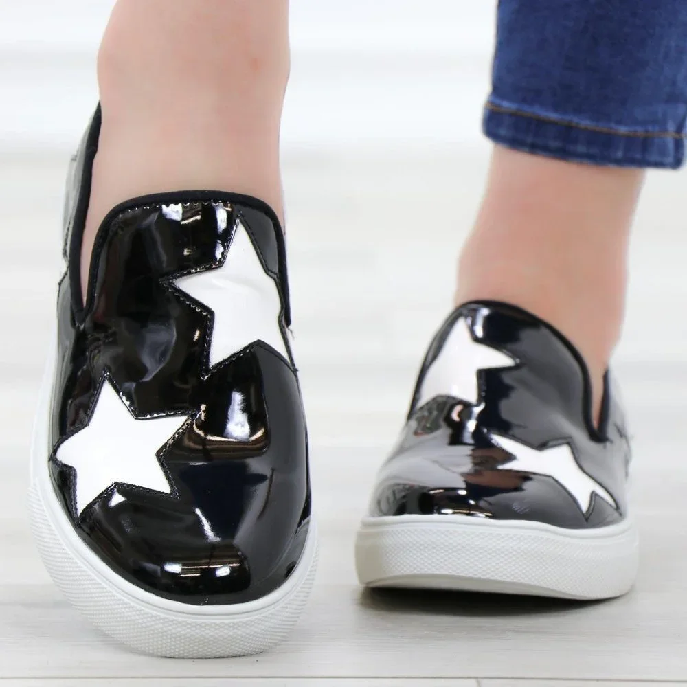 Black With White Stars Patent Sneakers Shoes - Picture 12 of 15